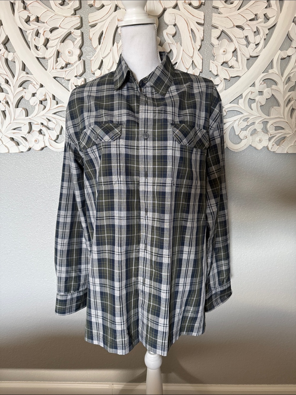 croft & barrow Olive and Gray Plaid Button-Down Shirt